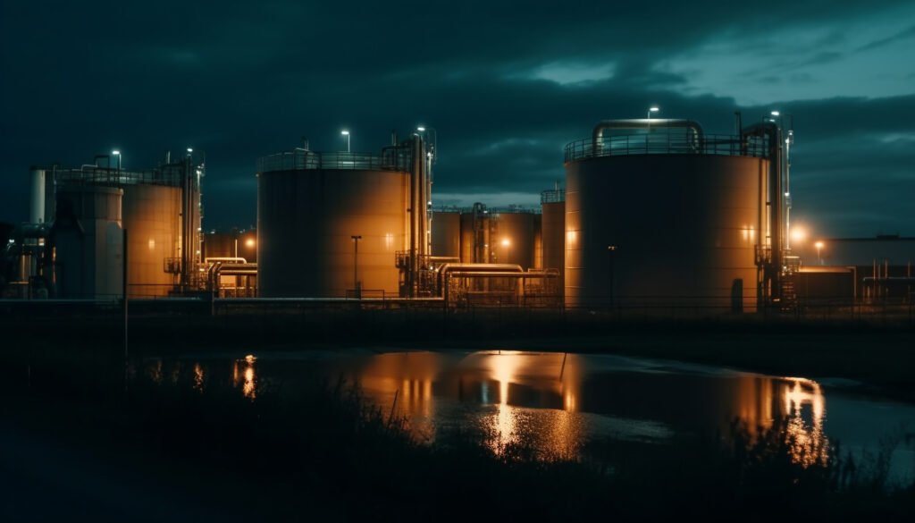 Fuel refinery illuminated at night with pipelines generated by artificial intelligence